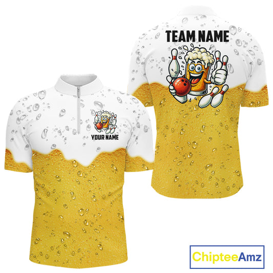 Custom White And Yellow Funny Beer Bowling Men Polo, Quarter Zip Shirts, Beer Glass Bowling Jersey NQS10918