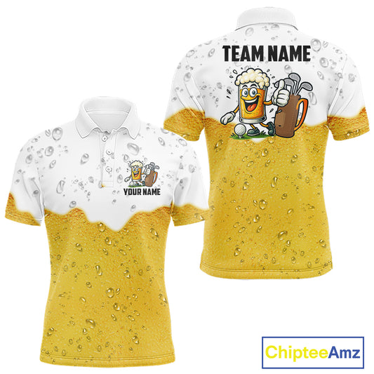Custom White And Yellow Funny Beer Golf Polo Shirts For Men, Funny Beer Glass Mens Golf Outfit NQS10919