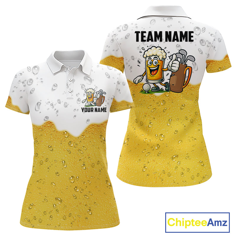 Custom White And Yellow Funny Beer Golf Polo Shirts For Women, Funny Beer Glass Ladies Golf Outfit NQS10919
