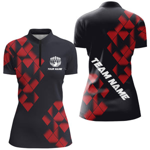 Black and Red Argyle Pattern Bowling Polo, Quarter Zip Shirts For Women Custom Bowling Team Jerseys NQS9001