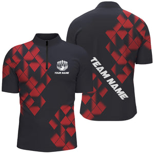 Black and Red Argyle Pattern Bowling Polo, Quarter Zip Shirts For Men Custom Bowling Team Jerseys NQS9001