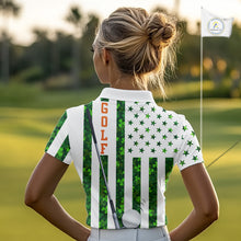 Load image into Gallery viewer, White, Green and Orange shamrock American Flag Women Golf polo shirts Custom St Patrick golf outfit NQS11297