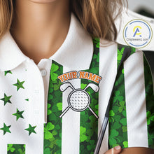 Load image into Gallery viewer, White, Green and Orange shamrock American Flag Women Golf polo shirts Custom St Patrick golf outfit NQS11297