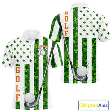 Load image into Gallery viewer, White, Green and Orange shamrock American Flag Mens Golf polo shirts Custom St Patrick golf outfit NQS11297