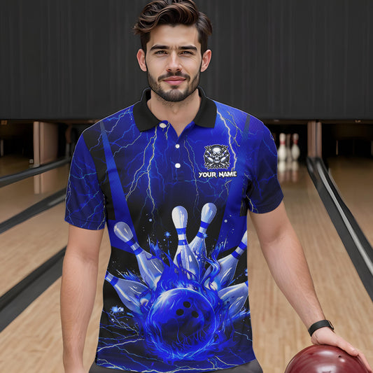 Blue Flame Lightning Thunder Bowling Polo, Quarter Zip Shirt For Men Custom Bowling Team Jersey NQS9425