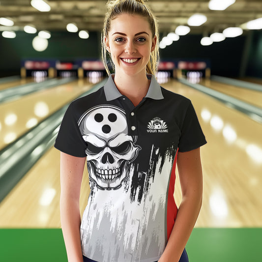 Black and White Skull Bowling Polo, Quarter Zip Shirts For Women Custom Bowling Team Jerseys | Red NQS9587