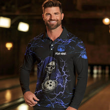 Load image into Gallery viewer, Black and Blue Lightning Thunder Skull reaper Bowling Shirts For Men Custom Bowling Team Jerseys NQS9590
