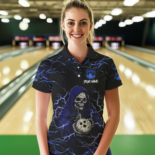 Black and Blue Lightning Thunder Skull reaper Bowling Shirts For Women Custom Bowling Team Jerseys NQS9590