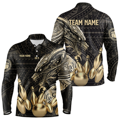 Black and Gold Dragon Tribal Bowling Polo, 1/4 Zip Shirts For Men Custom Retro Bowling Team Jerseys NQS9591