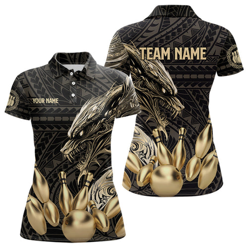 Black and Gold Dragon Tribal Bowling Polo, 1/4 Zip Shirts For Women Custom Retro Bowling Team Jerseys NQS9591