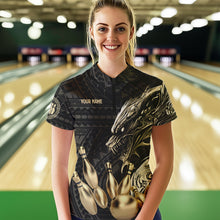 Load image into Gallery viewer, Black and Gold Dragon Tribal Bowling Polo, 1/4 Zip Shirts For Women Custom Retro Bowling Team Jerseys NQS9591