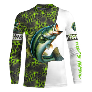 Largemouth Bass fishing clothes green camo Custom fishing Shirts, Bass fishing shirts with hood NQS3083