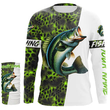 Load image into Gallery viewer, Largemouth Bass fishing clothes green camo Custom fishing Shirts, Bass fishing shirts with hood NQS3083