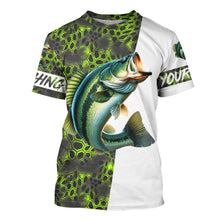 Load image into Gallery viewer, Largemouth Bass fishing clothes green camo Custom fishing Shirts, Bass fishing shirts with hood NQS3083