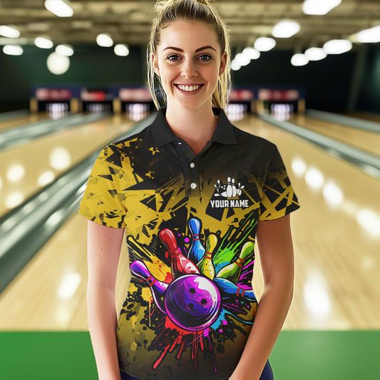Colorful bowling jersey Polo, 1/4 Zip Shirt for Women Custom Bowling Team shirts for bowler| Yellow NQS9728