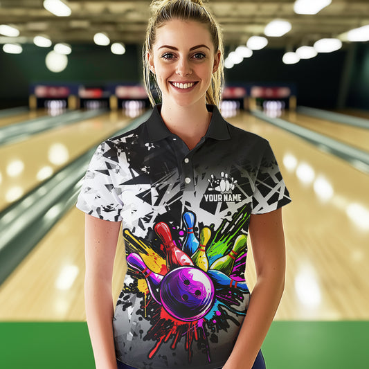 Colorful bowling jersey Polo, 1/4 Zip Shirt for Women Custom Bowling Team shirts for bowler| White NQS9729