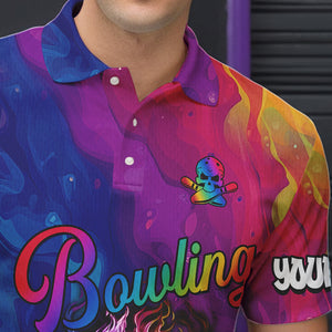Colorful Rainbow Flame Skull Bowling Polo, Quarter Zip Shirts for Men Custom Bowling Team Jerseys NQS9731