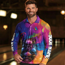 Load image into Gallery viewer, Colorful Rainbow Flame Skull Bowling Polo, Quarter Zip Shirts for Men Custom Bowling Team Jerseys NQS9731
