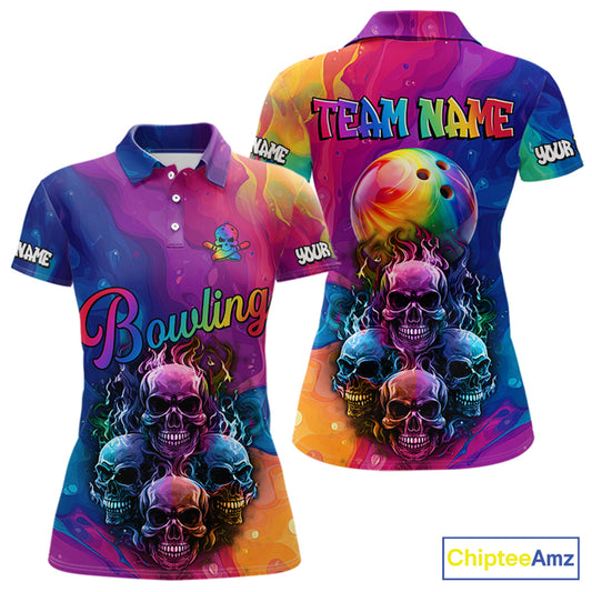 Colorful Rainbow Flame Skull Bowling Polo, Quarter Zip Shirts for Women Custom Bowling Team Jerseys NQS9731