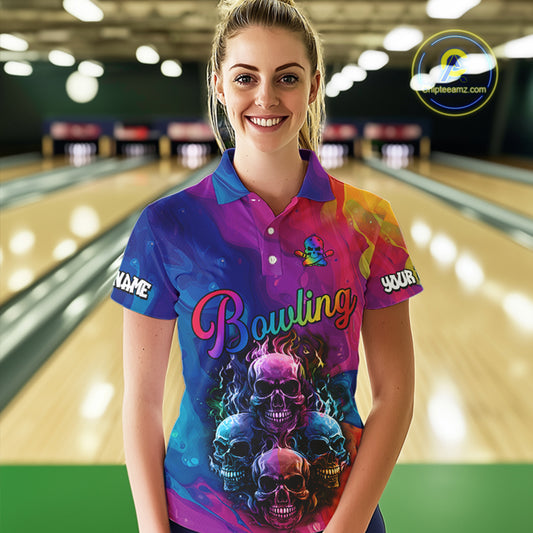 Colorful Rainbow Flame Skull Bowling Polo, Quarter Zip Shirts for Women Custom Bowling Team Jerseys NQS9731