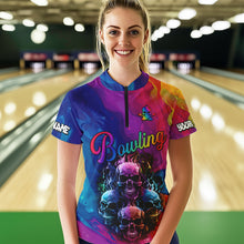 Load image into Gallery viewer, Colorful Rainbow Flame Skull Bowling Polo, Quarter Zip Shirts for Women Custom Bowling Team Jerseys NQS9731