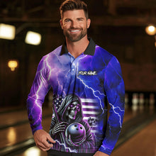 Load image into Gallery viewer, Purple American Flag Lightning Thunder Storm Reaper Bowling Shirt For Men Custom Bowling Team Jersey NQS9732