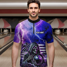 Load image into Gallery viewer, Purple American Flag Lightning Thunder Storm Reaper Bowling Shirt For Men Custom Bowling Team Jersey NQS9732