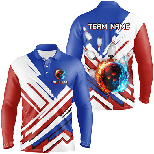 Red, White and Blue Flame Bowling Polo, Quarter Zip Shirts for Men Custom bowling team jerseys NQS7879