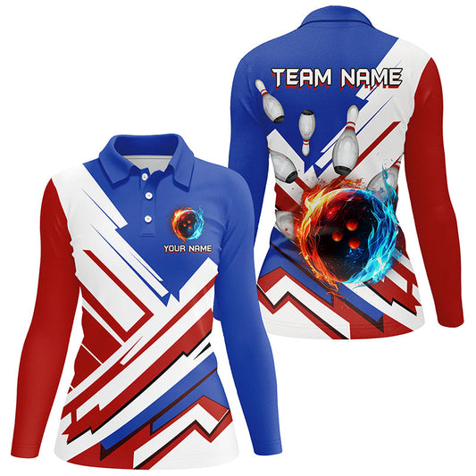 Red, White and Blue Flame Bowling Polo, Quarter Zip Shirts for Women Custom bowling team jerseys NQS7879