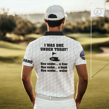 Load image into Gallery viewer, Funny Mens golf polo shirts black and white custom I was one under today, under a tree, bush, water NQS10164