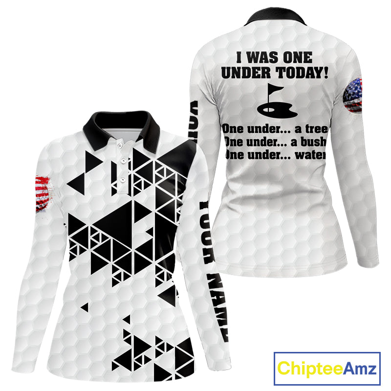 Funny Women golf polo shirts black and white custom I was one under today, under a tree, bush, water NQS10164