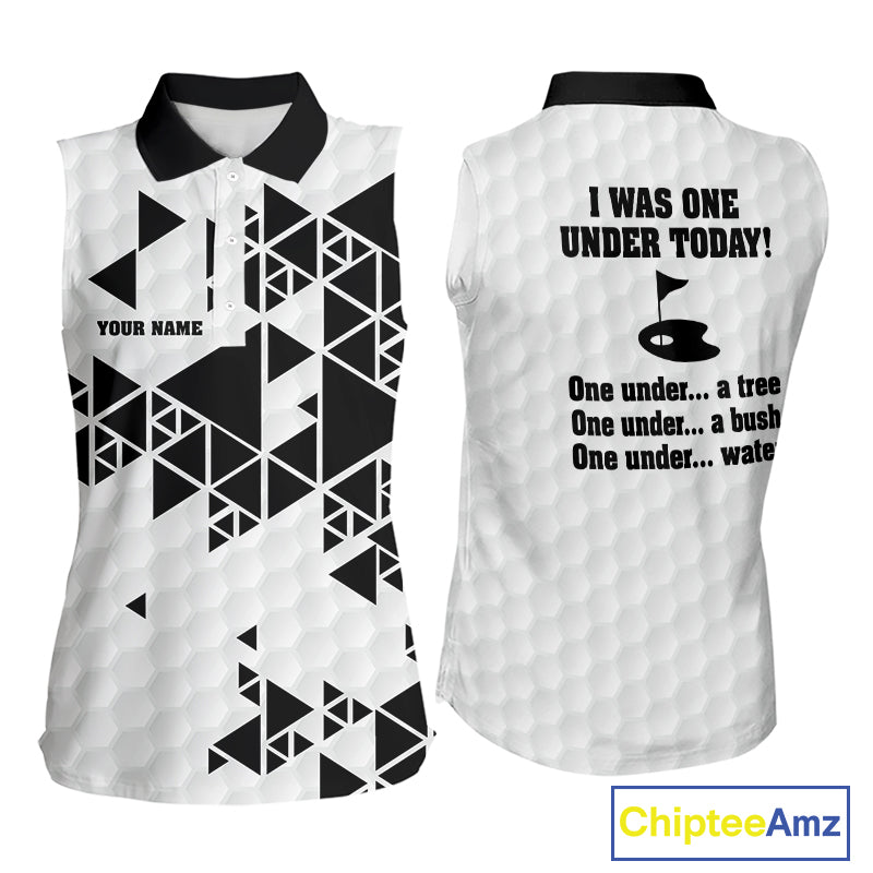 Women sleeveless polo shirt black and white custom I was one under today, under a tree, bush, water NQS10164