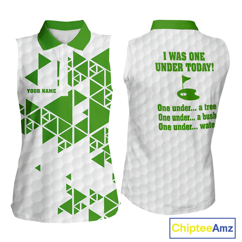 Women sleeveless polo shirt green and white custom I was one under today, under a tree, bush, water NQS10165