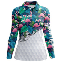 Load image into Gallery viewer, Personalized green tropical colorful flamingo pattern Womens golf polo shirts custom ladies golf tops NQS5988