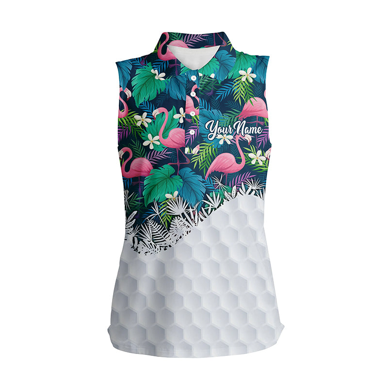 Personalized green tropical colorful flamingo pattern Womens sleeveless polo shirts ladies golf tops NQS5988