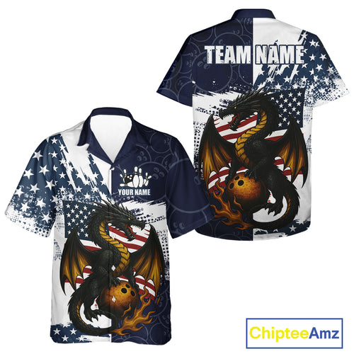 Red, White and Blue American Flag Dragon Bowling Hawaiian Shirt Custom Patriotic Bowling Team Jersey NQS10294