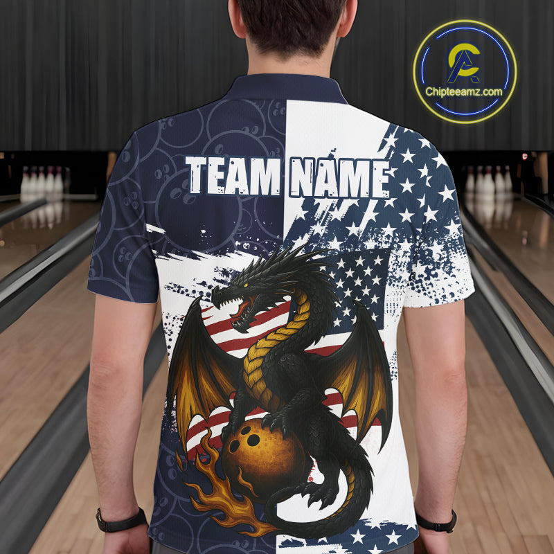 Red, White and Blue American Flag Dragon Bowling Shirts For Men Custom Patriotic Bowling Team Jersey NQS10294