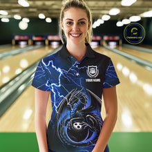 Load image into Gallery viewer, Personalized Black And Blue Thunder Lightning Dragon Bowling Shirts For Women, Bowling Team Uniform NQS10295