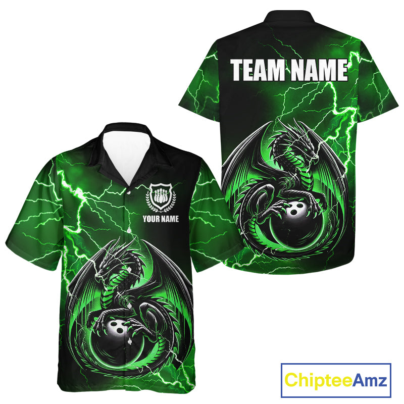 Personalized Black And Green Thunder Lightning Dragon Bowling Hawaiian Shirt, Bowling Team Uniform NQS10296