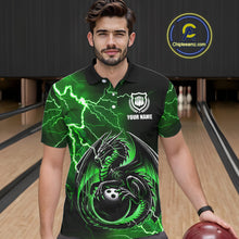 Load image into Gallery viewer, Personalized Black And Green Thunder Lightning Dragon Bowling Shirts For Men, Bowling Team Uniform NQS10296
