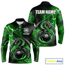 Load image into Gallery viewer, Personalized Black And Green Thunder Lightning Dragon Bowling Shirts For Men, Bowling Team Uniform NQS10296