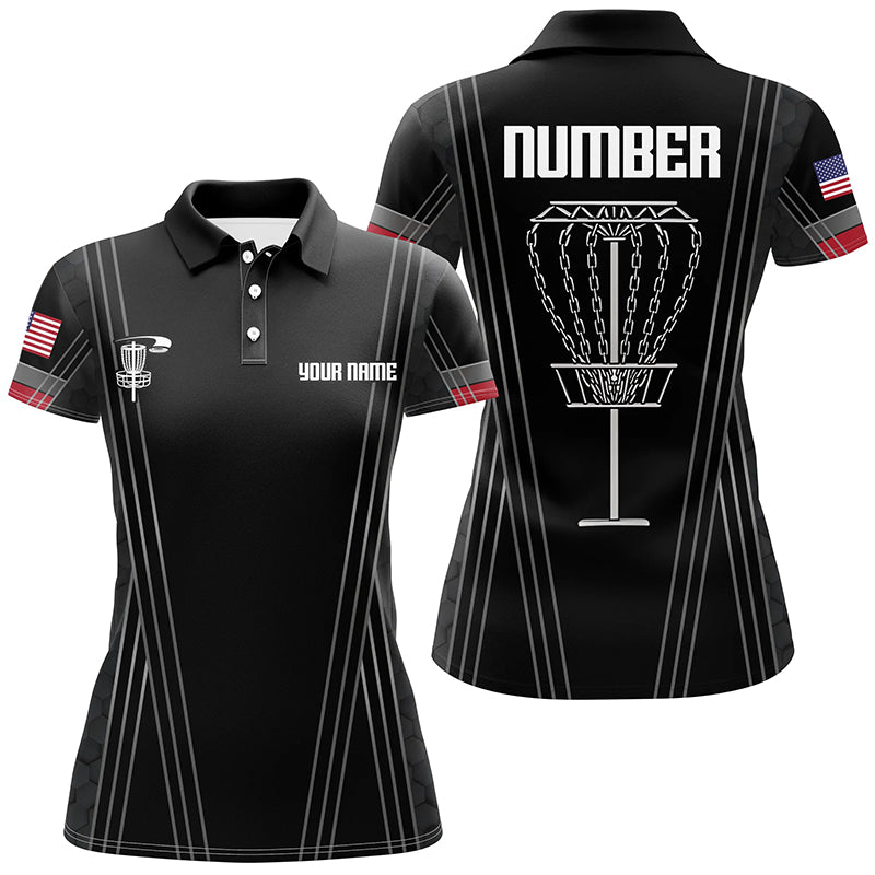 Womens disc golf basket polo shirts custom name, number black disc golf shirts, disc golf outfit NQS6193