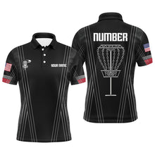Load image into Gallery viewer, Mens disc golf basket polo shirts custom name, number black disc golf shirt, disc golf outfit NQS6193
