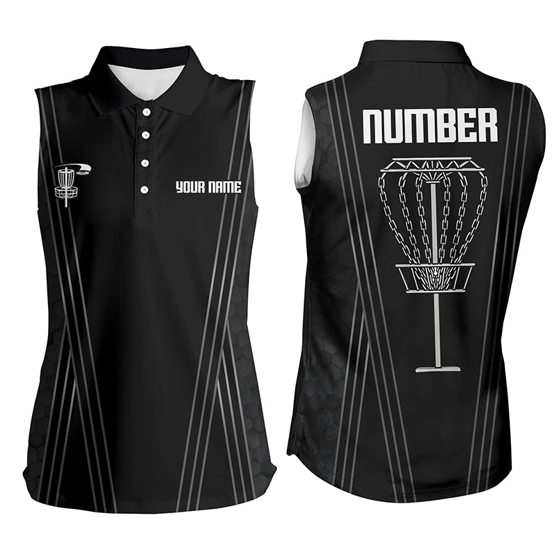 Womens sleeveless disc golf basket polo shirts custom name, number black disc golf shirts NQS6193