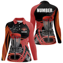 Load image into Gallery viewer, Womens disc golf polo shirts custom lightning thunder disc golf basket, frisbee golf jersey | Red NQS8528