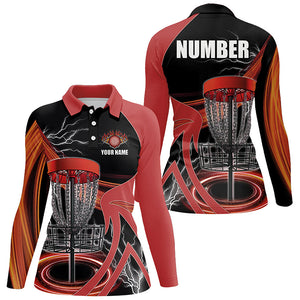 Womens disc golf polo shirts custom lightning thunder disc golf basket, frisbee golf jersey | Red NQS8528