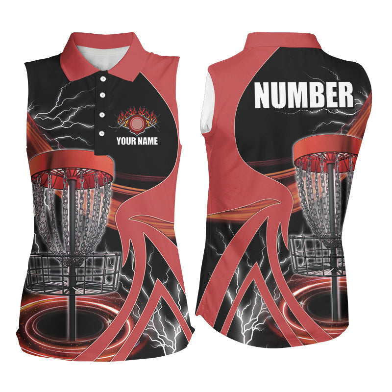 Women sleeveless polo shirt custom lightning thunder disc golf basket, frisbee golf jersey | Red NQS8528