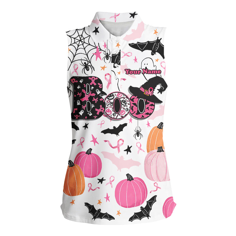 Pink ribbons Boo Halloween pumpkin breast cancer Women sleeveless polo shirt Custom Ladies Golf tops NQS8529