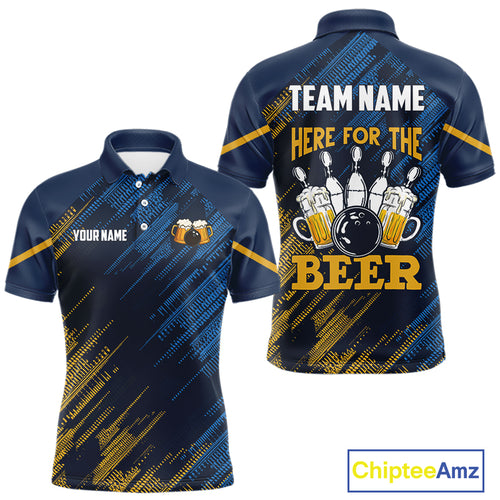 Blue and Yellow Pattern Bowling Shirt For Men Custom Here For The Beer Funny Bowling Tournament Shirt NQS10717