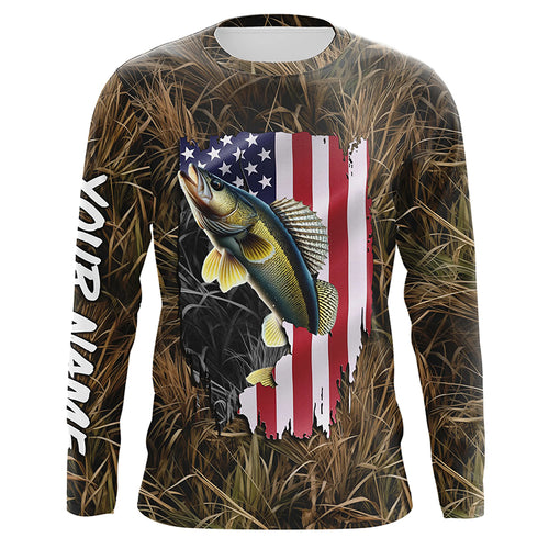 Custom American Walleye fishing camo shirts for men Performance Long Sleeve fishing shirt NQS1032